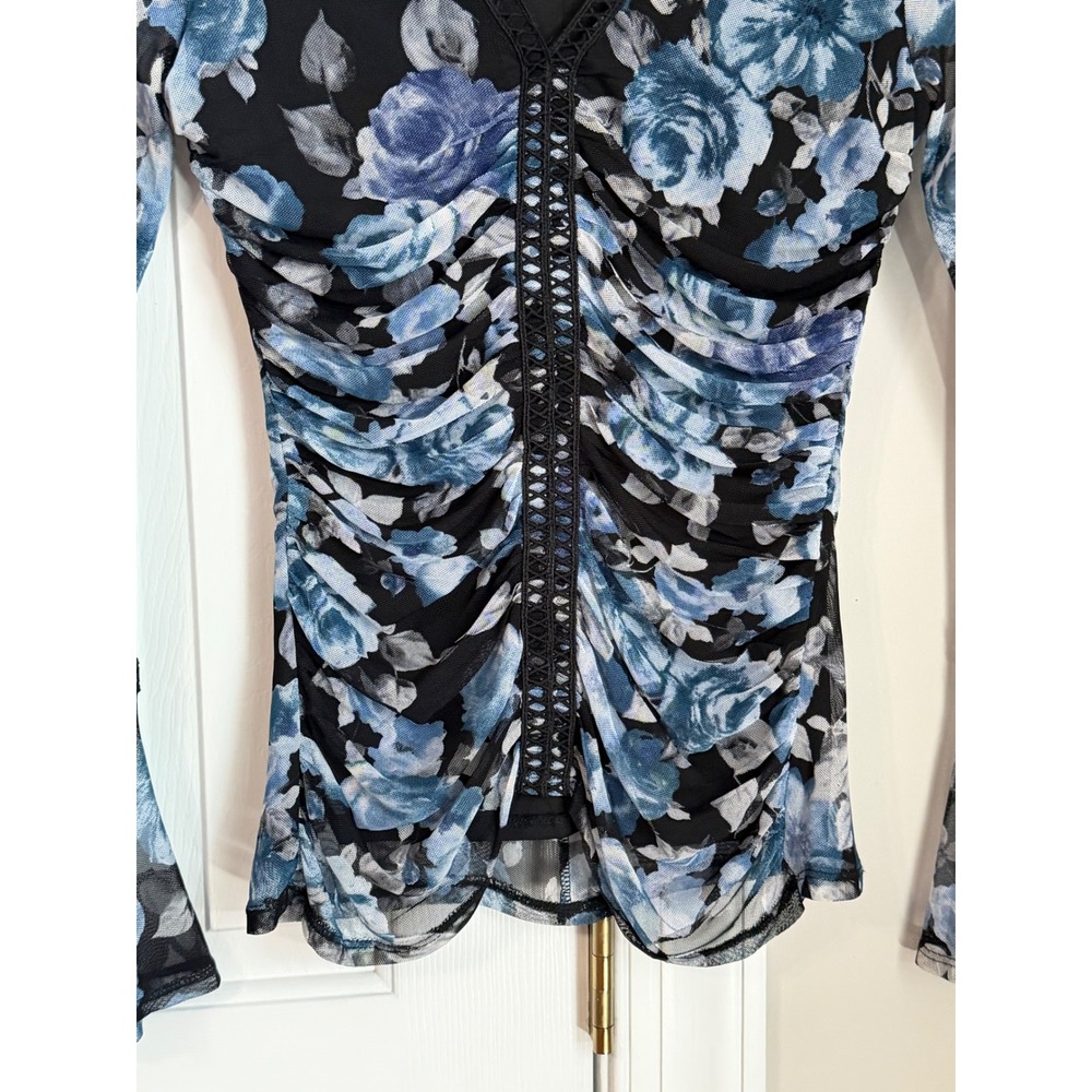 Venus Floral Fairy Mesh Bell Sleeve Top Womens XS Blue Ruched Y2K Boho Blouse - Picture 4 of 12